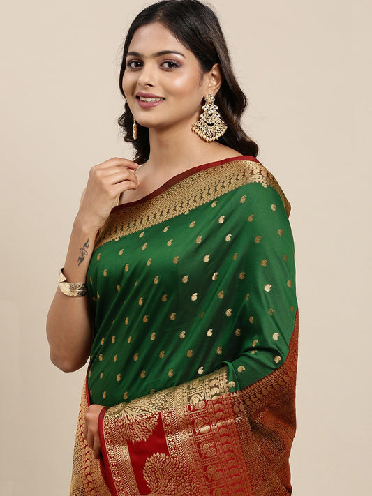 Mitera Green & Gold-Toned Woven Design Zari Silk Cotton Banarasi Saree | Swadesiicart