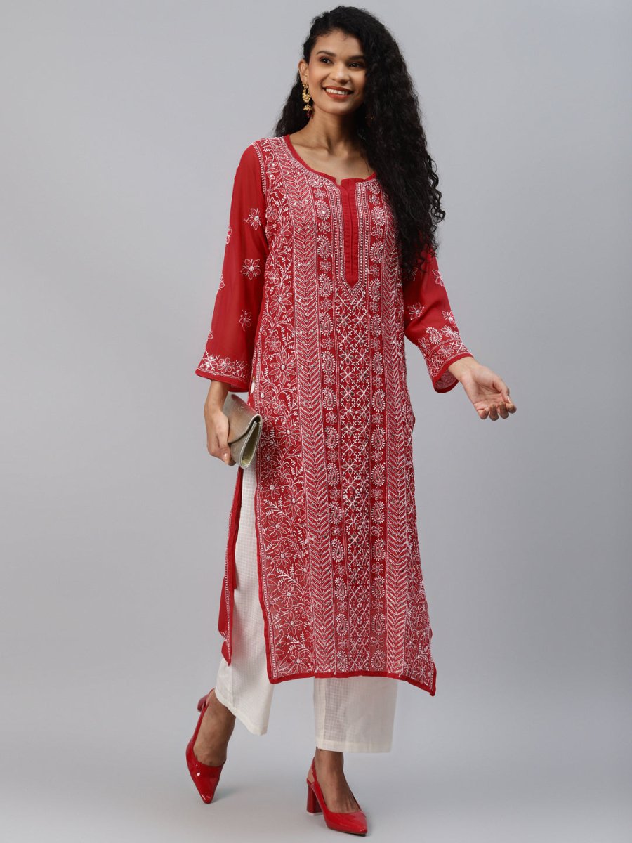 ADA Women Red & White Hand Embroidered Chikankari Sustainable Handloom Kurta With Matching Slip | Swadesiicart