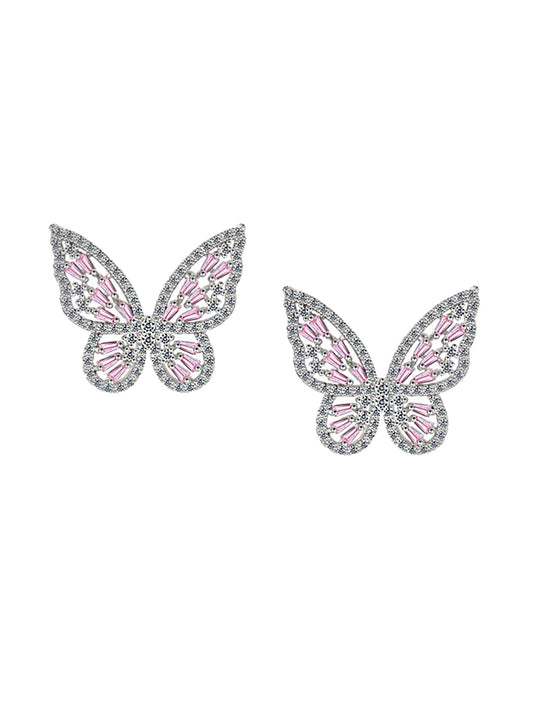 Yellow Chimes Silver-Toned & Pink Quirky Butterfly Studs Earrings