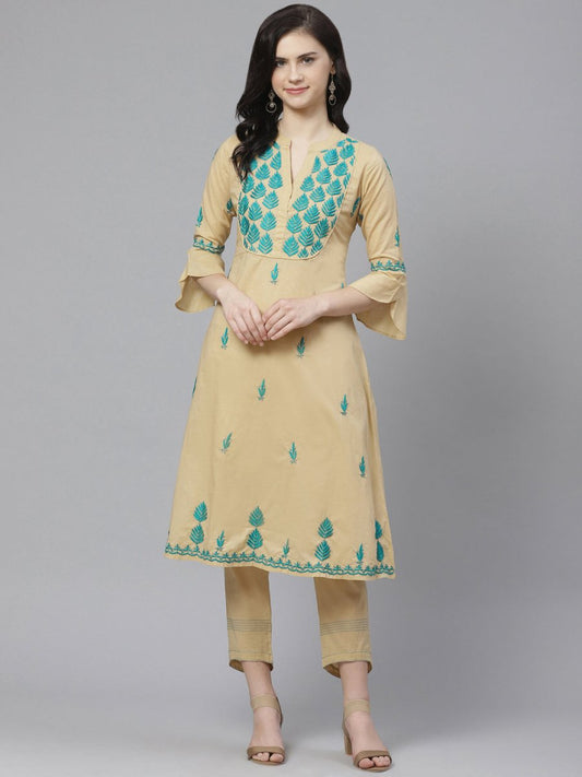 ADA Women Beige & Teal Green Chikankari Embroidered Sustainable Handloom Kurta with Trousers | Swadesiicart