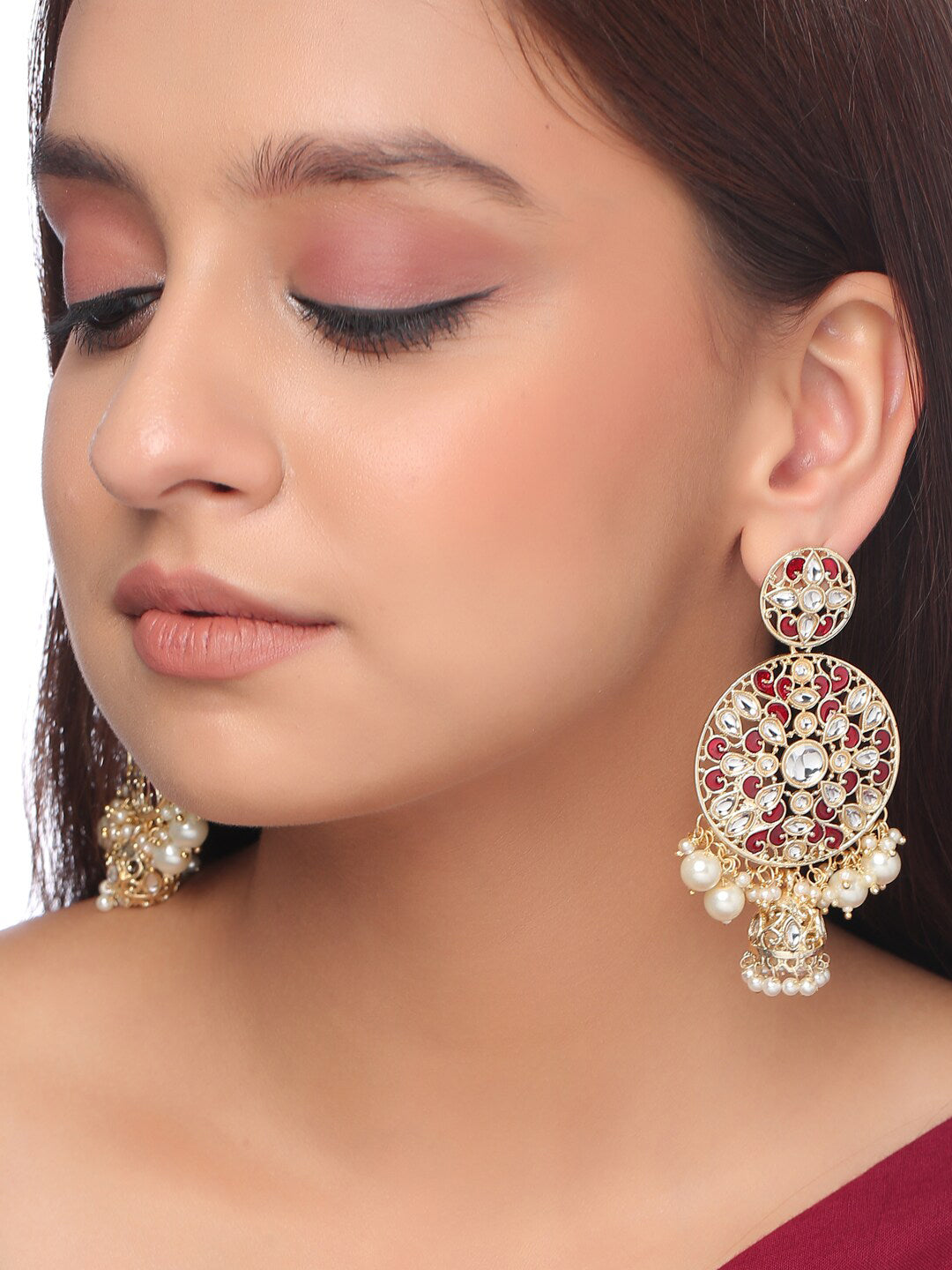 Shoshaa Maroon Contemporary Gold-Polished Kundan Drop Earrings With Jhumkas Earrings Sets | Swadesiicart