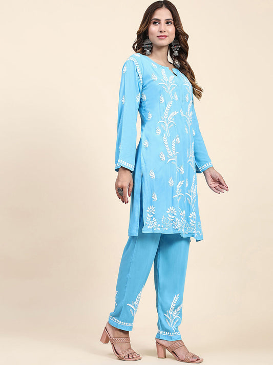 HOUSE OF KARI Floral Embroidered Chikankari Pure Cotton Straight Kurta With Trousers | Swadesiicart