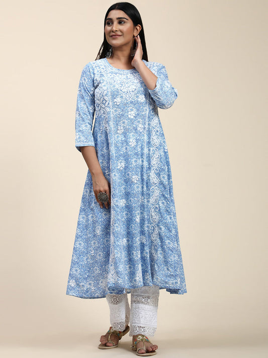 HOUSE OF KARI Floral Embroidered Chikankari Cotton Anarkali Kurta | Swadesiicart