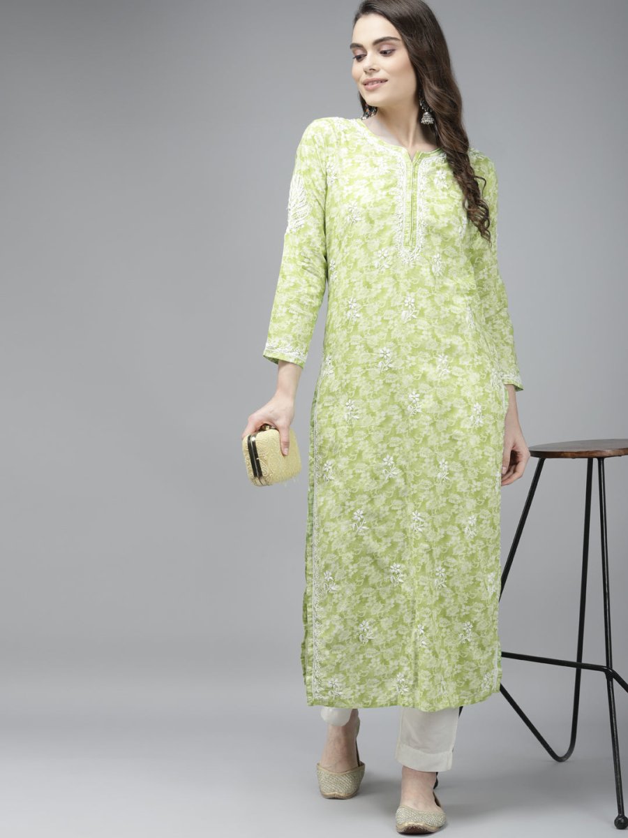 ADA Women Green & White Floral Chikankari Cotton Handloom Kurta | Swadesiicart