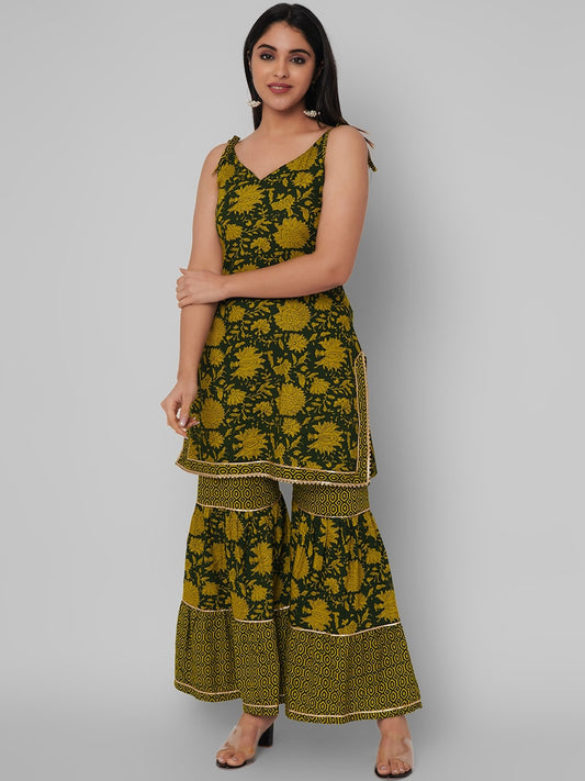 Kalini Women Green Floral Printed Gotta Patti Kurta with Sharara | Swadesiicart