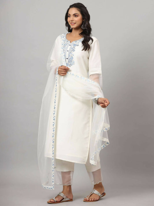 Juniper Women's White Chinnon Solid Embroidered Kurta Set | Swadesiicart