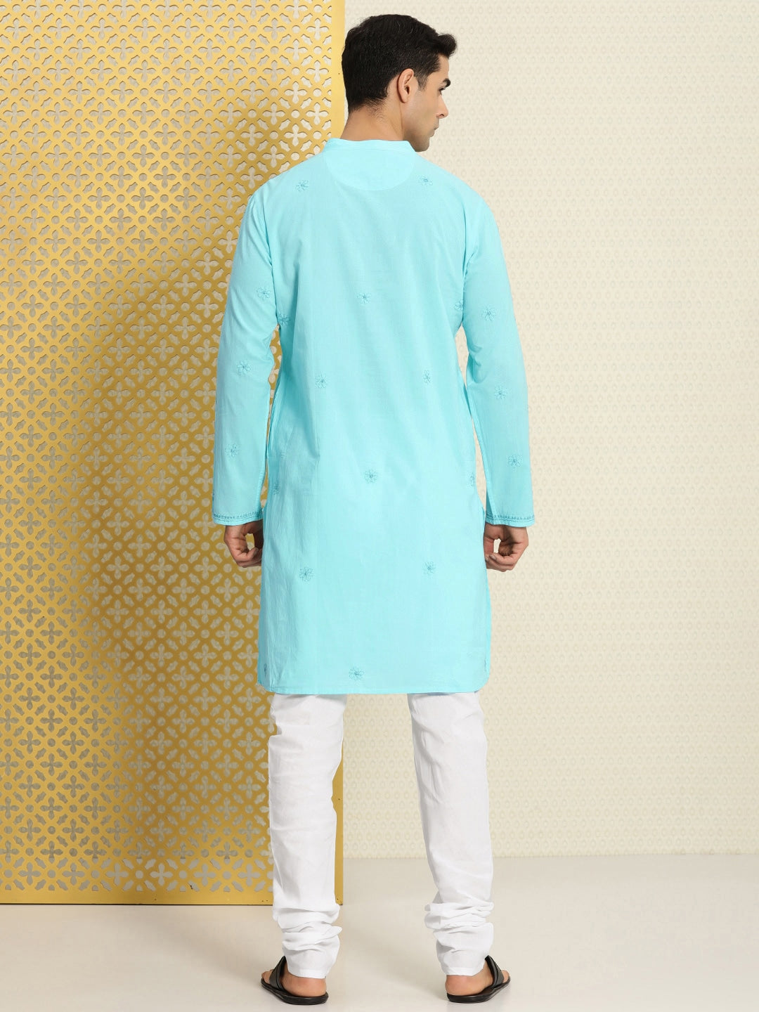 House of Pataudi Men Pure Cotton Embroidered Chikankari Jashn Kurta with Churidar | Swadesiicart