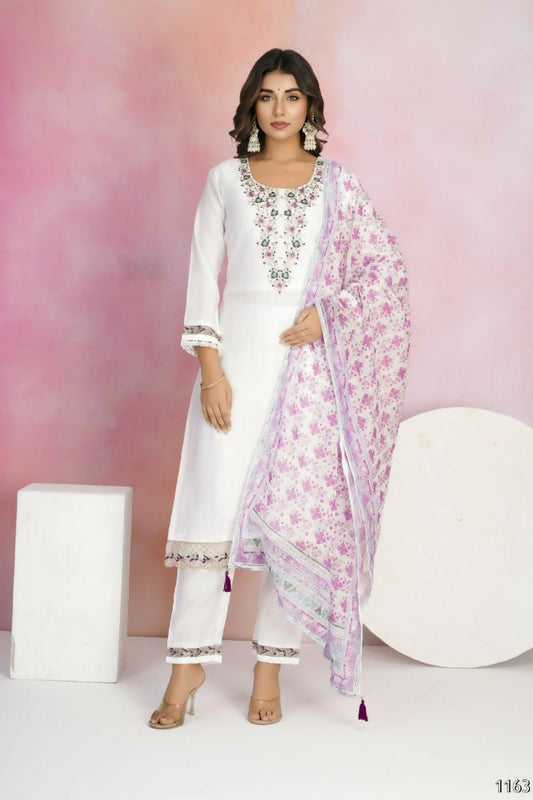 Ethnic Festive Wear Viscose Chanderi White Stitched Suit With Dupatta - Tanisha | Swadesiicart