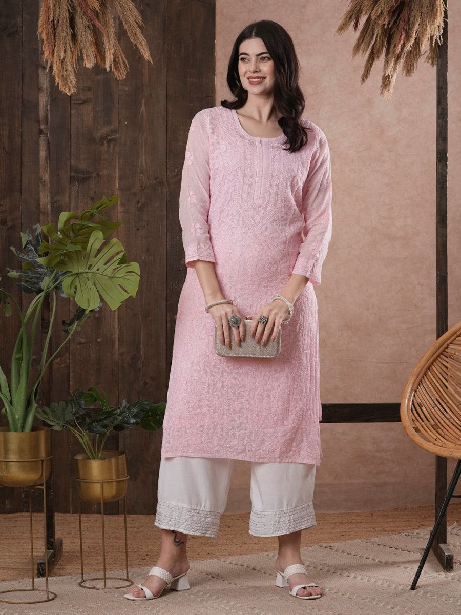 ADA Women Pink Chikankari Hand Embroidered Straight Kota Handloom Kurta With Matching Slip | Swadesiicart