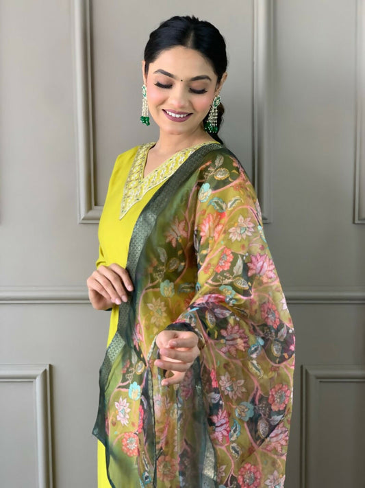 Partywear Designer Lemon Yellow Viscos Chanderi Stitched Suit With Dupatta - Tanisha | Swadesiicart