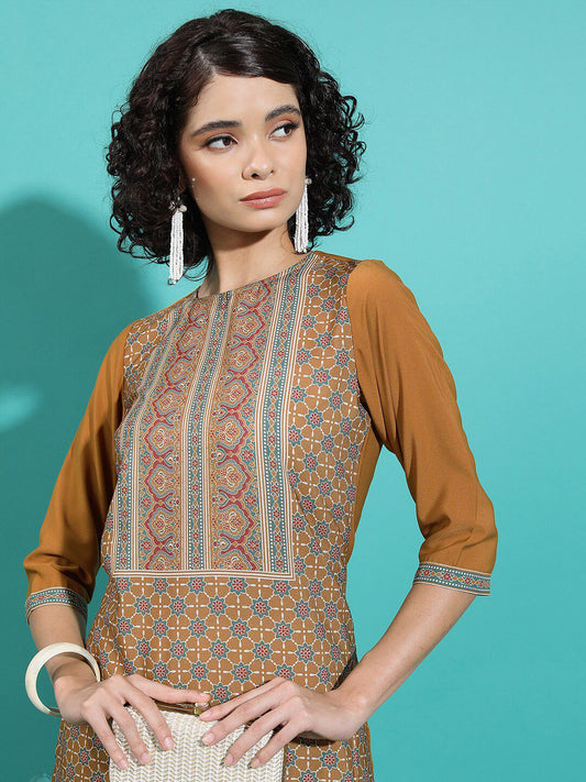 Vishudh Rust Ethnic Motifs Printed Straight Kurta - Swadesiicart