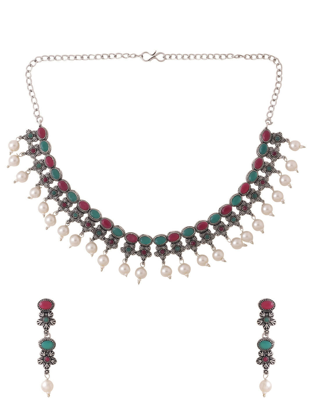 NVR Women Silver-Plated Stone Studded Oxidised Silver Jewellery Set - Swadesiicart