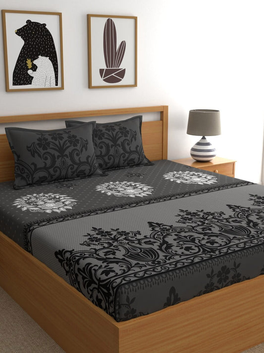 Dreamscape Grey & Black Ethnic Motifs 144 TC Bedsheet with Pillow Covers - Swadesiicart