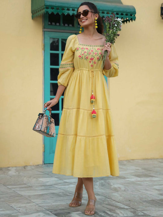 Juniper Women's Yellow Cotton Dobby Embroidered Flared Dress | Swadesiicart