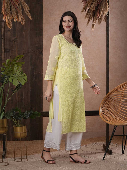ADA Women Yellow & White Hand Embroidered Chikankari Sustainable Kota Handloom Kurta With Matching Slip | Swadesiicart