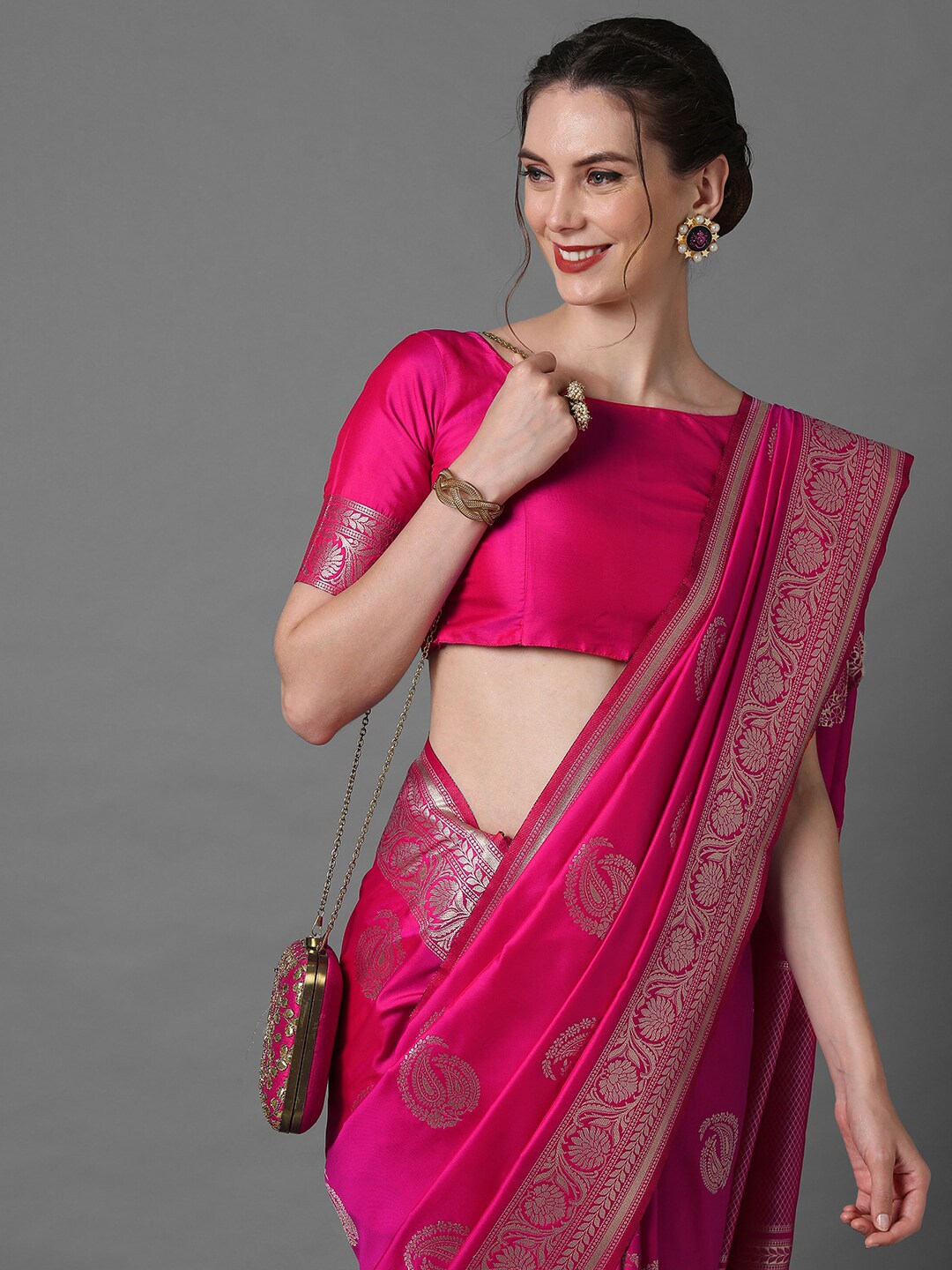 Mitera Pink & Silver-Toned Paisley Zari Silk Blend Banarasi Saree | Swadesiicart