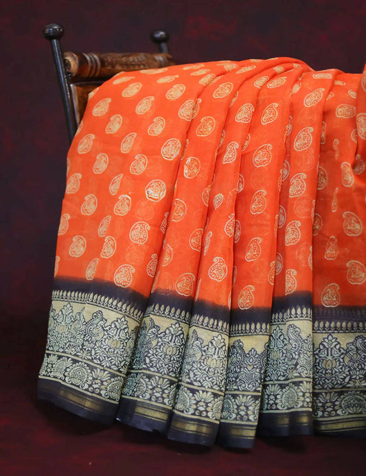 Orange Colored with Motifs Semi Chanderi Saree By Gayathri Reddy Designer Studio | Swadesiicart