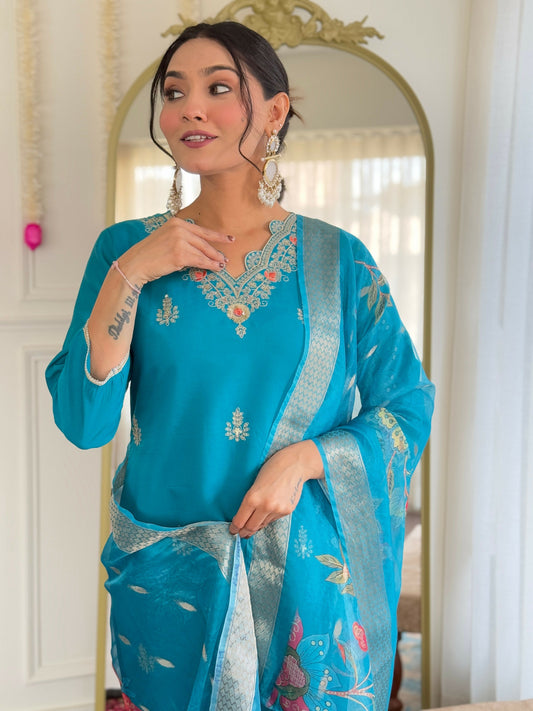 The52 Blue Women's Gorgeous Viscose Fabric Embroidered Work Straight Kurta, Pant and Dupatta Set - Swadesiicart