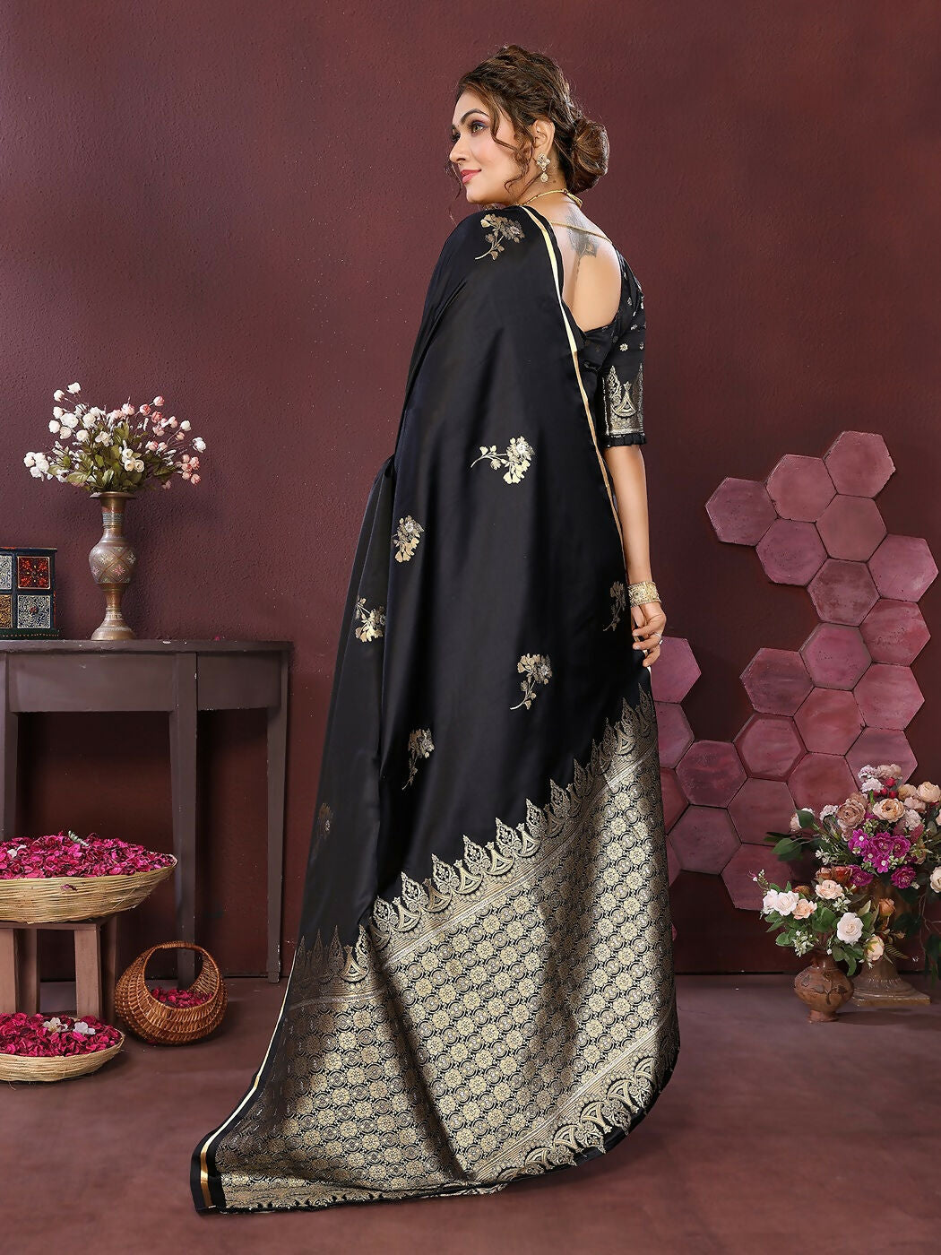 Joban Fashion Black Floral Banarasi Silk Sarees | Swadesiicart