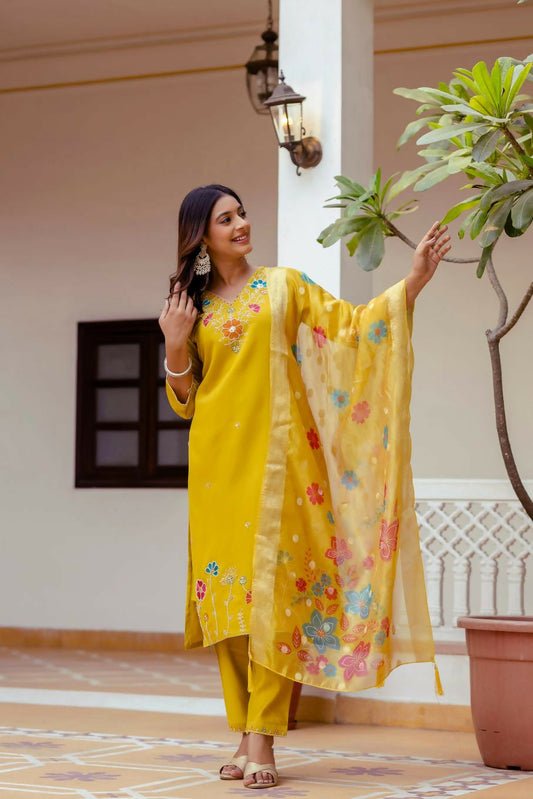 The52 Yellow Women's Gorgeous Embroidered work Viscose Gadhwal Fabric Straight Kurta, Pant and Dupatta Set - Swadesiicart