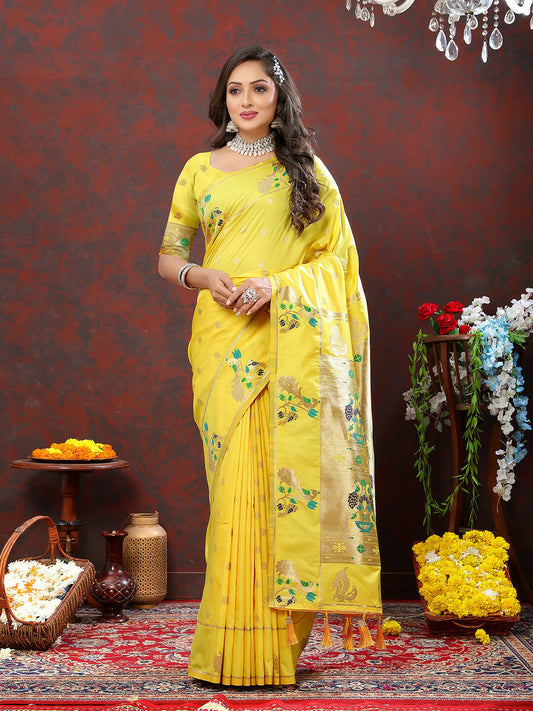 Lorenvalley Fashion Yellow Soft Paithani Silk Woven Design Gold Zari Meenakari Weaving Saree - Swadesiicart