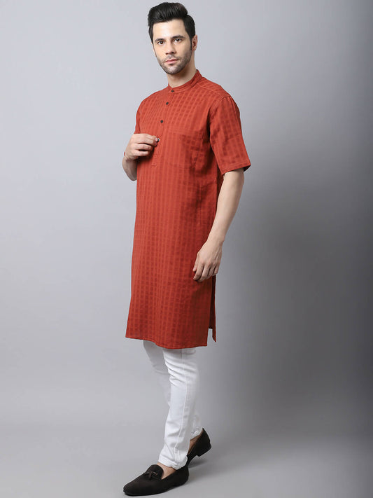 Even Apparels Red Pure Cotton Kurta With Band Collar | Swadesiicart
