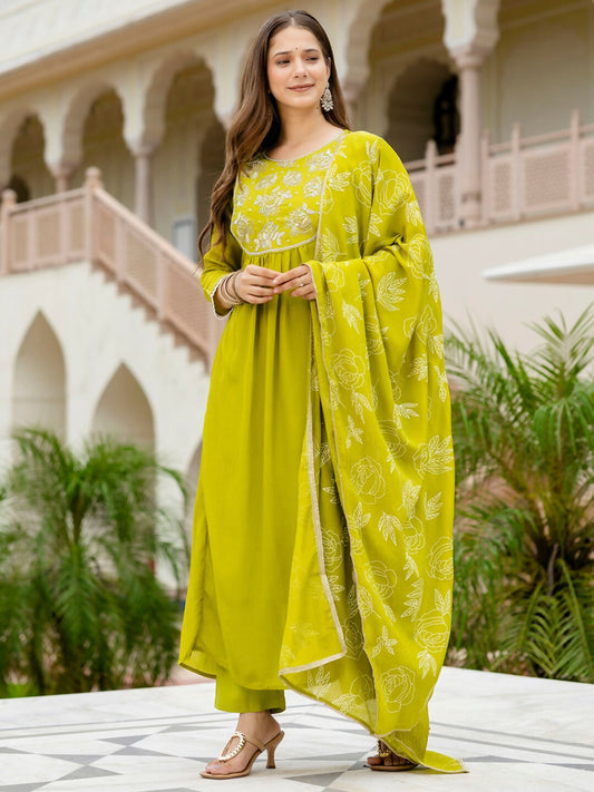 The52 Liril Women's Beautiful Embroidered work Chinon Fabric with Flared Kurta, Pant and Dupatta Set - Swadesiicart
