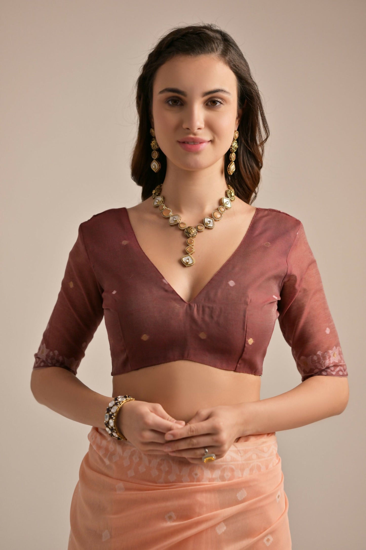 Vishnu Weaves Women's Peach Muga Cotton Woven Saree with Blouse - Swadesiicart