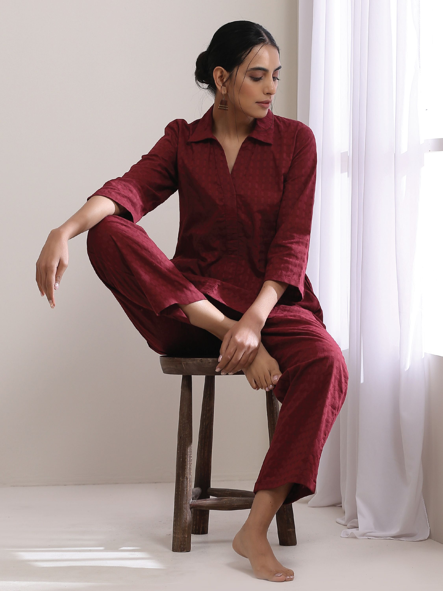 trueBrowns Ruby Wine Dobby Collar Short Co-Ord Set - Swadesiicart