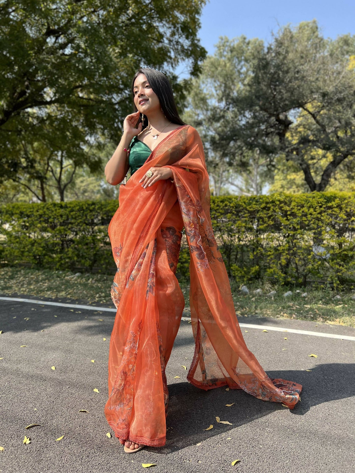 Vamsee Firozi Orange Organza Saree - Swadesiicart