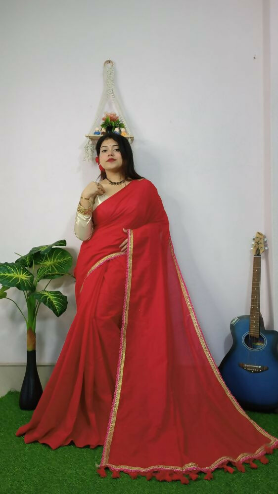 Exclusive Collection Beautiful Khadi Cotton Handloom Saree With Beautiful Zari Border - Red - Swadesiicart