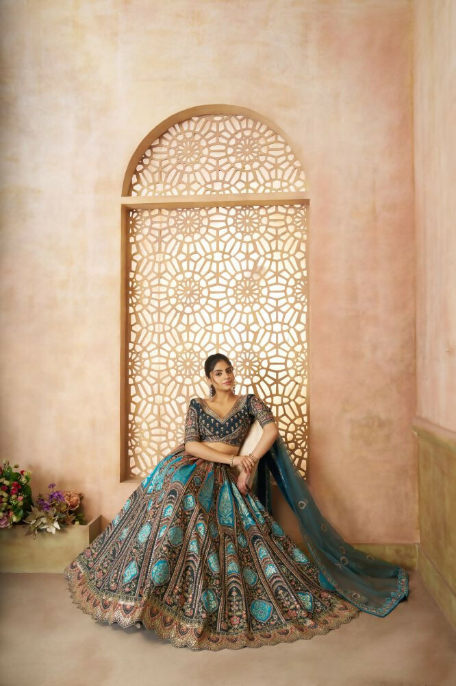 Kesar Fab Blue Banarasi Silk Embroidered Lehenga | Swadesiicart