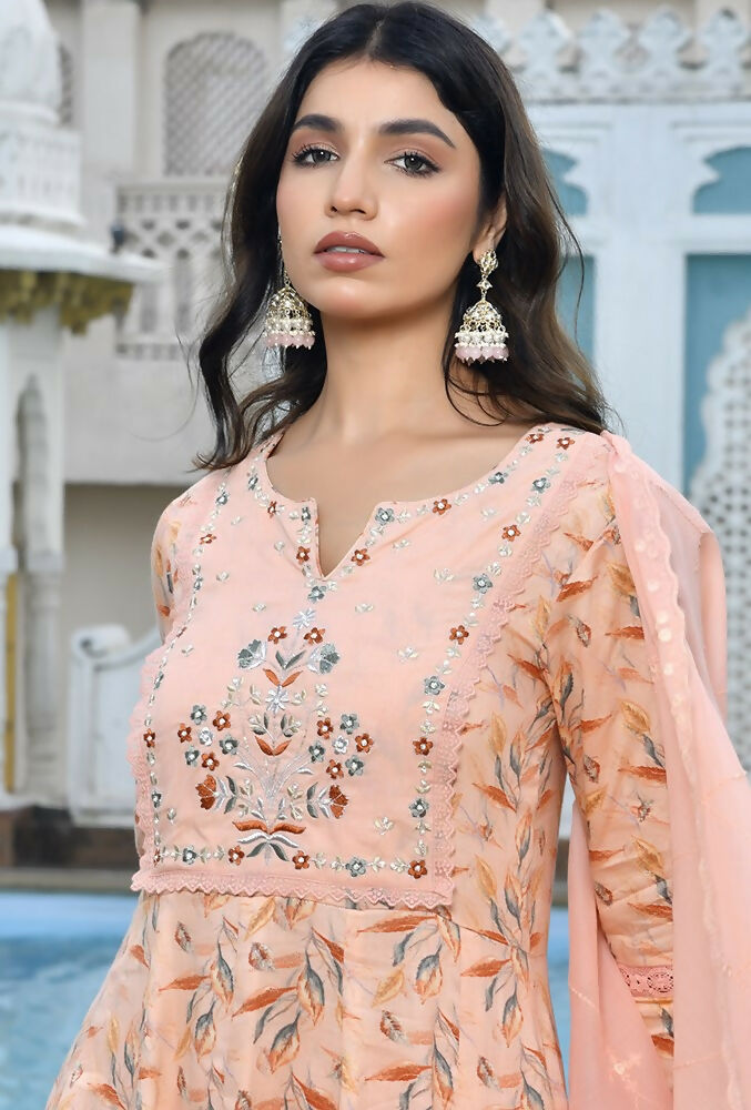 Vaasva Women's Peach Cotton Anarkali Set With Solid Pant And Embroidered Dupatta | Swadesiicart