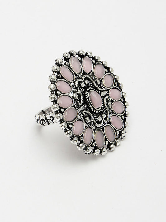 NVR Women's Pink Silver-Plated Circular Shape Adjustable Finger Ring | Swadesiicart