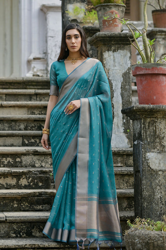 Vishnu Weaves Women's Rama Soft Tissue Silk Zari Woven Saree with Blouse - Swadesiicart