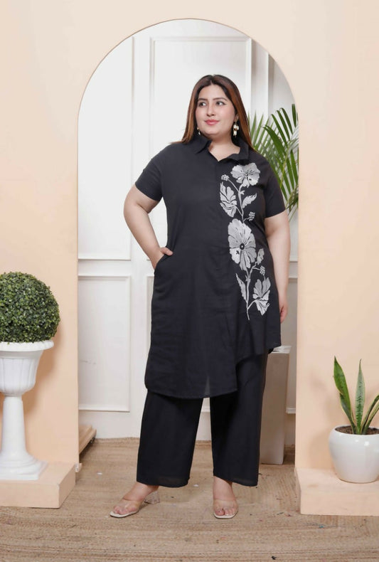 Miravan Women's Plus Size Black Pure Cotton Floral Embroidered High Low Co-Ord Set - Swadesiicart