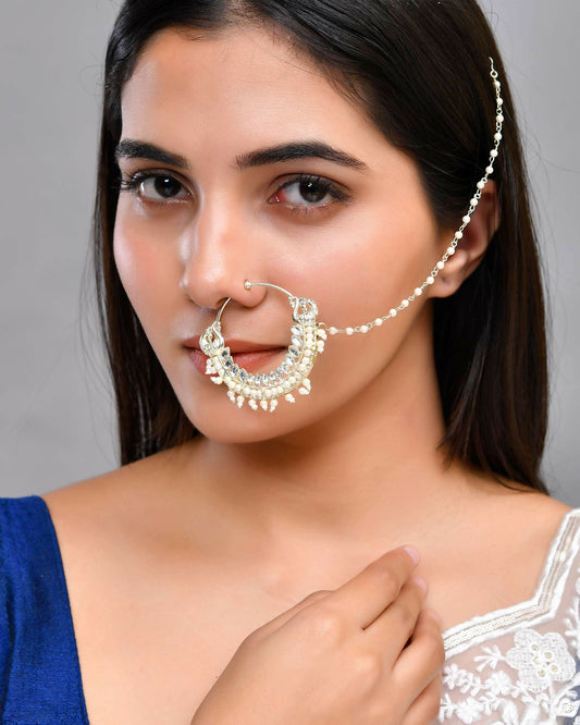 VOJ Gold-Polished With Pearl Indian Nose Pin | Swadesiicart