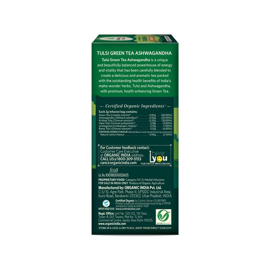 Organic India Tulsi Green Tea Ashwagandha - Herbal Sleep Tea, Caffine Free - Swadesiicart
