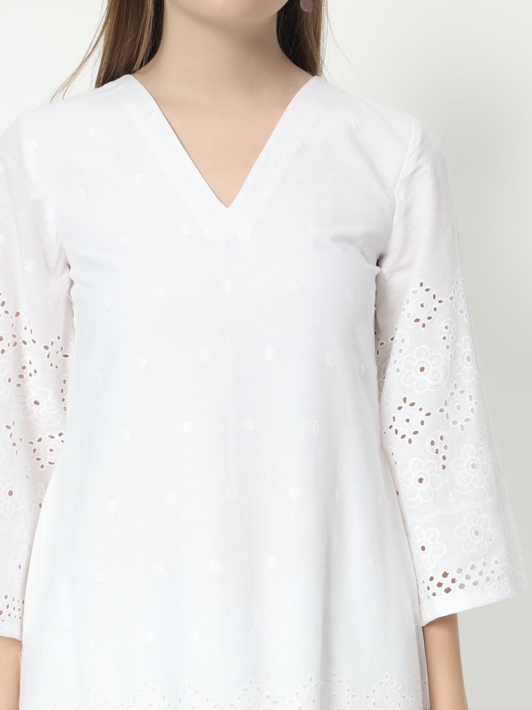 Fab Fashion White Chiken Kari Co-Ord Bell Sleeve V Neck Set - Swadesiicart