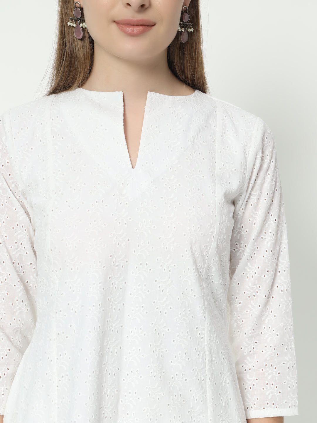 Fab Fashion Pannel White Chiken Kari Co-Ord Set With Round Cut Neck - Swadesiicart