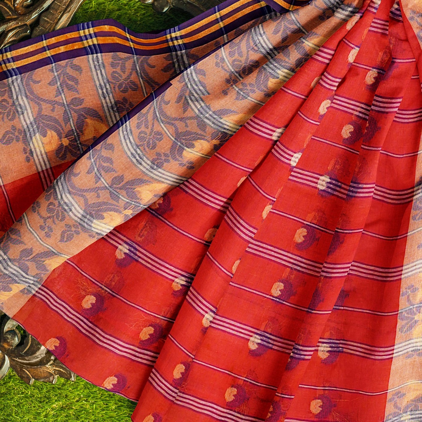 Exclusive Collection 100% Pure Cotton Red Tant Saree With Hand Weaving Work - Swadesiicart