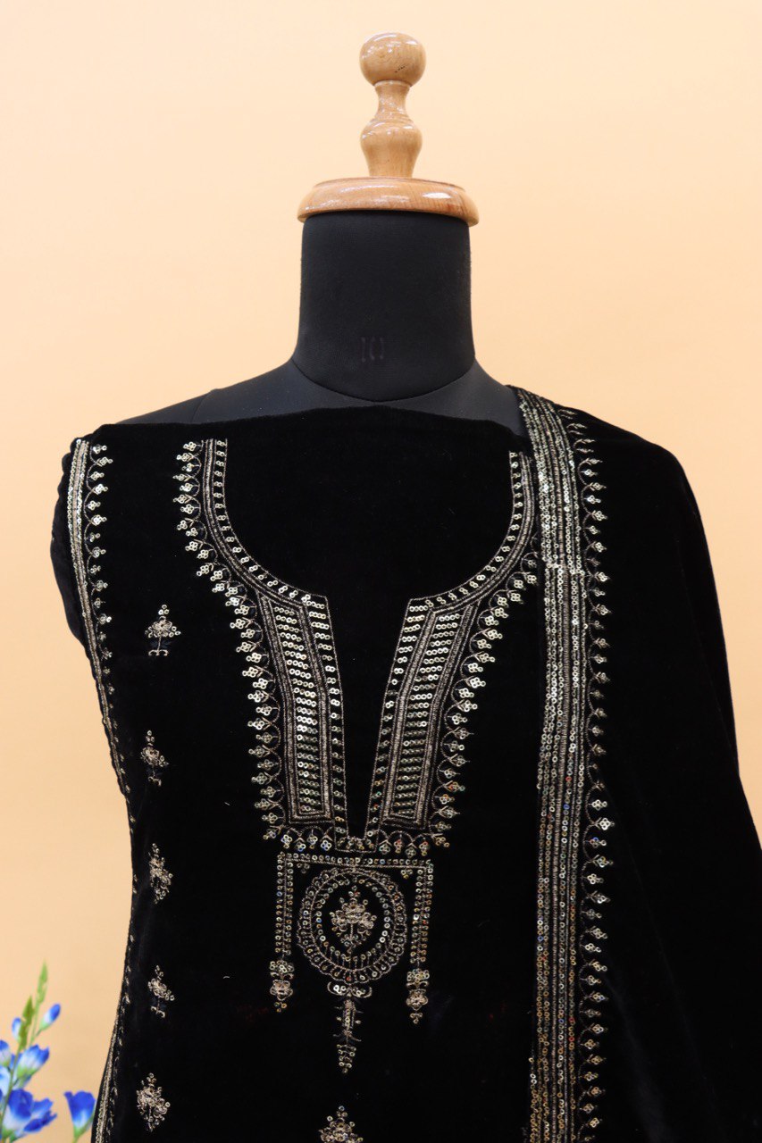 Lorenvalley Fashion Women Black Velvet Embroidered Salwar Suit Material | Swadesiicart