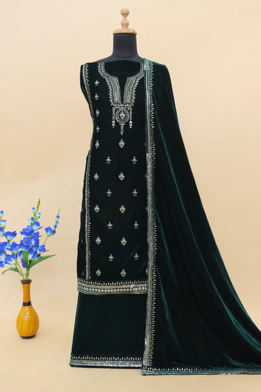 Lorenvalley Fashion Women Green Velvet Embroidered Salwar Suit Material | Swadesiicart