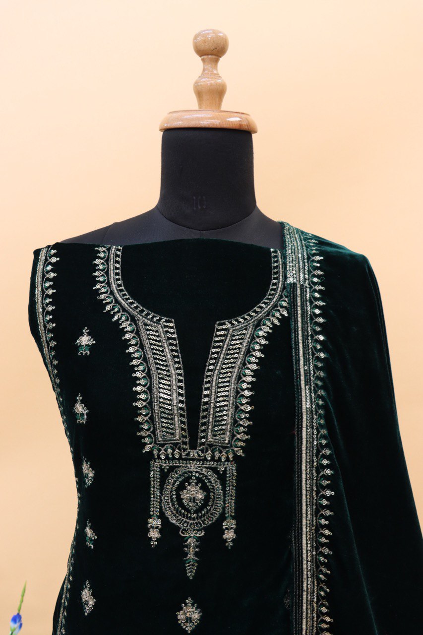 Lorenvalley Fashion Women Green Velvet Embroidered Salwar Suit Material | Swadesiicart