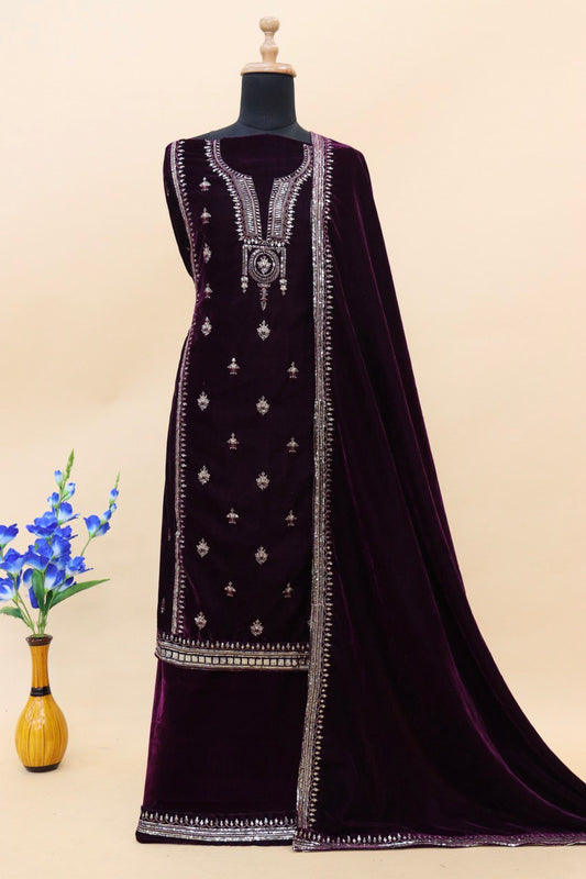 Lorenvalley Fashion Women Purple Velvet Embroidered Salwar Suit Material | Swadesiicart