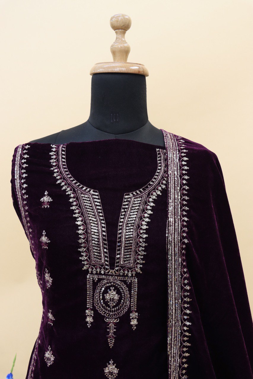 Lorenvalley Fashion Women Purple Velvet Embroidered Salwar Suit Material | Swadesiicart