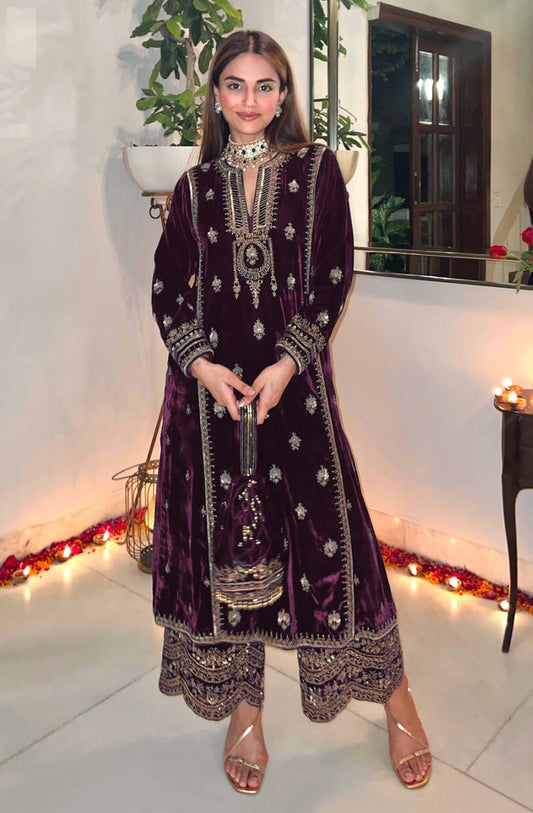 Lorenvalley Fashion Women Purple Velvet Embroidered Salwar Suit Material | Swadesiicart