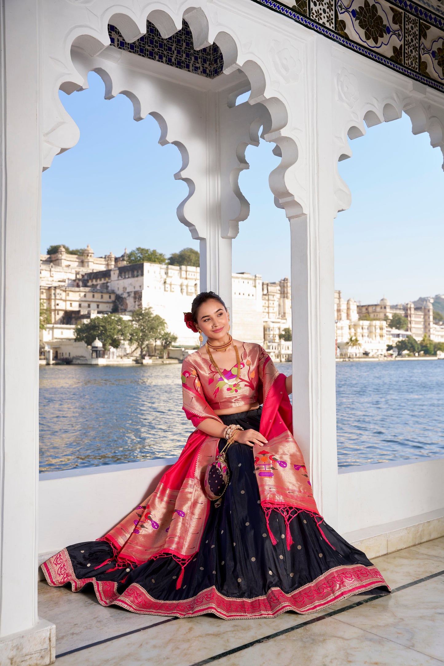 Lorenvalley Black Jacquard Silk Paithani Weaving Zari Work with Lace Touch Up Lehenga Choli with Dupatta | Swadesiicart
