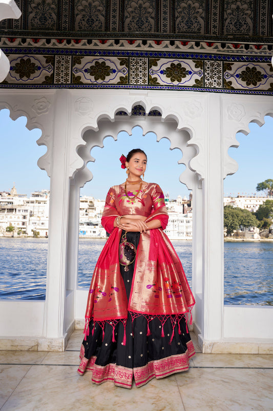 Lorenvalley Black Jacquard Silk Paithani Weaving Zari Work with Lace Touch Up Lehenga Choli with Dupatta | Swadesiicart