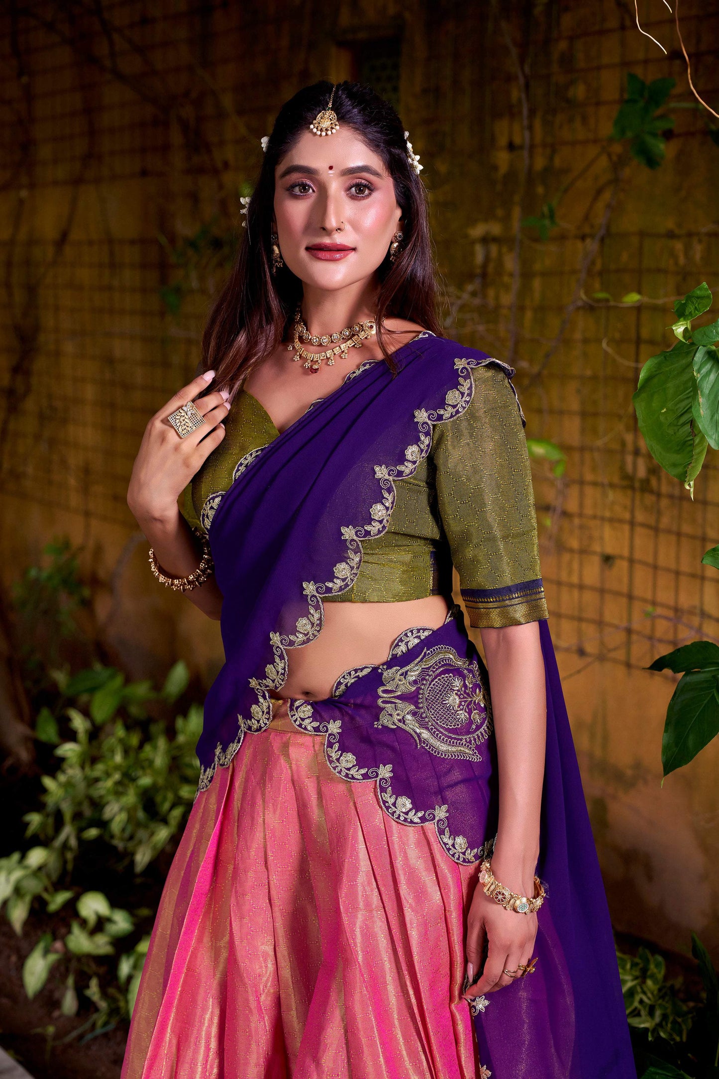 Lorenvalley Fashion Pink Kanchipuram Zari Weaving Work Lehenga Choli with Dupatta - Swadesiicart